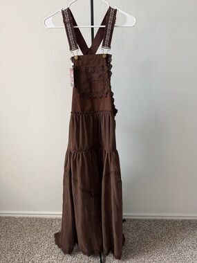Brown Bohemian Maxi Pinafore Dress with Crochet Trim